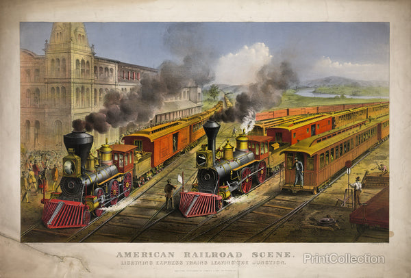 American Railroad Scene: Lightning Express trains leaving the junction American Railroad Scene: Lightning Express trains leaving the junction