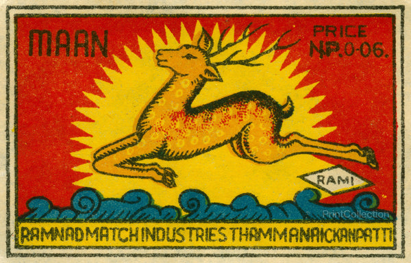 Leaping Deer of India Safety Match Label Leaping Deer of India Safety Match Label