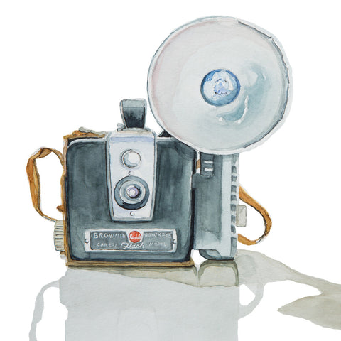 Kodak Brownie Hawkeye Camera with Flash and Case, Watercolor Painting