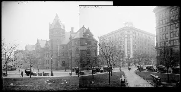 Public Library on left, Lafayette Hotel on right at Lafayette Square, Buffalo, N.Y.